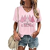 HQP Christmas Shirts for Women: Merry Christmas V Neck T Shirt Xmas Tree Graphic Tees Christmas Vacation Short Sleeve Tops