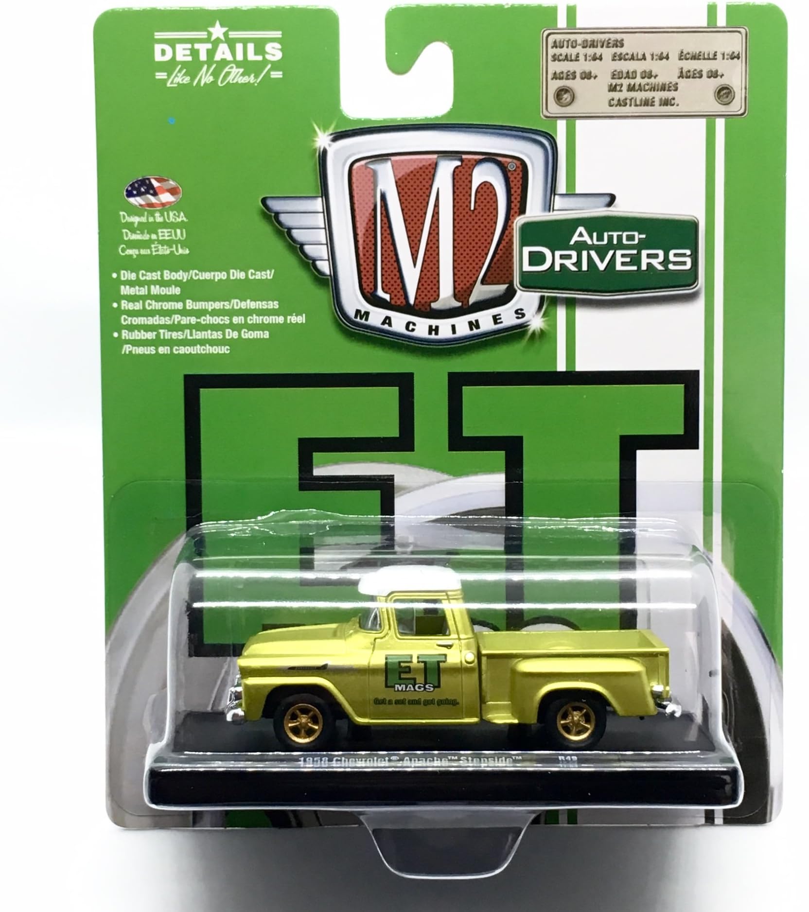 M2 Machines 1958 Chevrolet Apache Step Side (E.T. Mags) Gold Satin w/Bright White Top Auto-Drivers Release 49 Castline 2017 Special Edition 1:64 Scale Die-Cast Vehicle (R49 17-64)