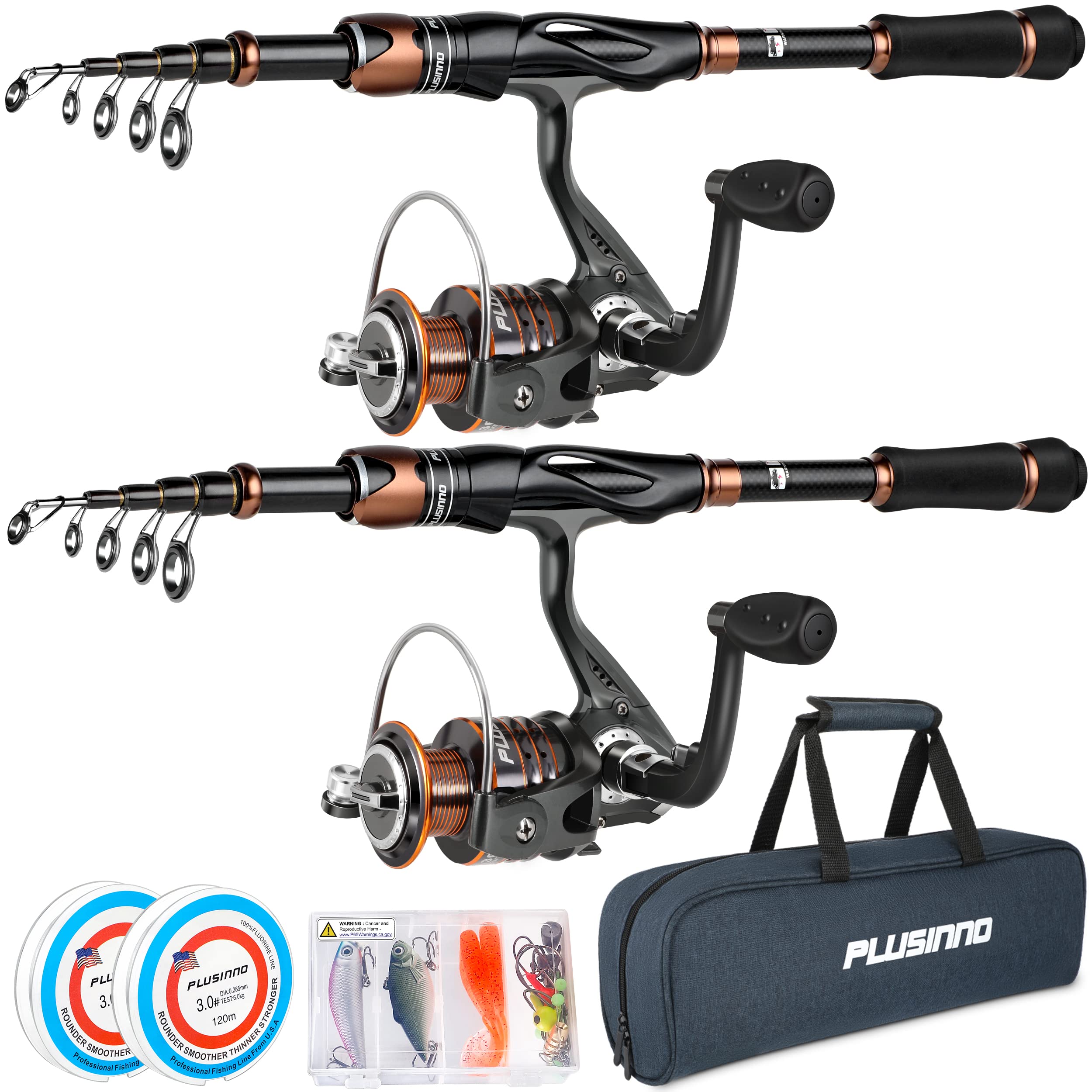 Photo 1 of PLUSINNO Fishing Rod and Reel Combos, Bronze Warrior Toray 24-Ton Carbon Matrix Telescopic Fishing Rod Pole, 12 +1 Shielded Bearings Stainless Steel BB Spinning Reel, Travel Freshwater Fishing Gear