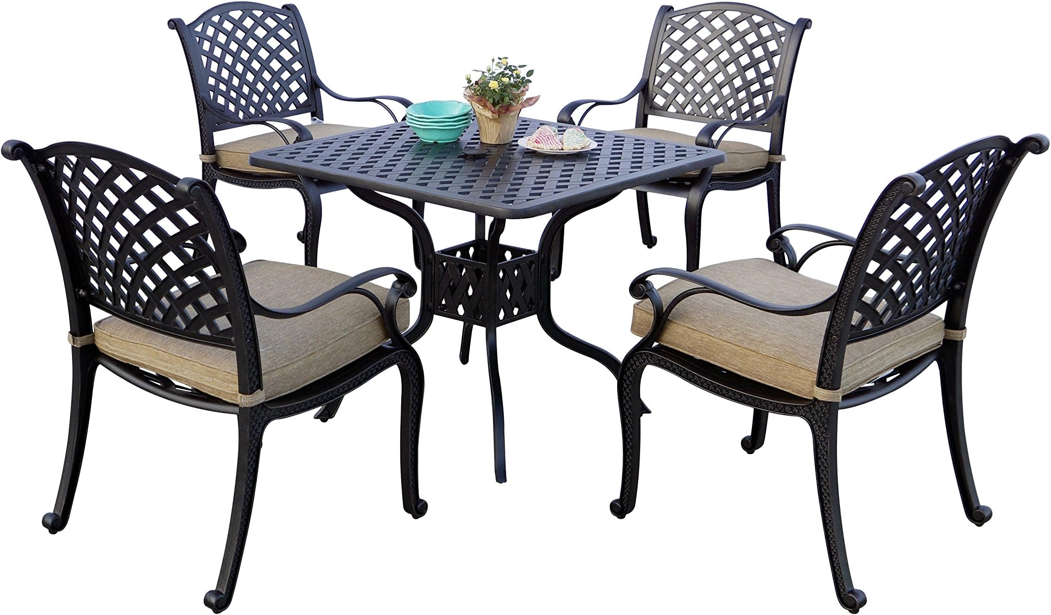 Darlee Nassau Cast Aluminum 5-Piece Dining Set with Seat Cushions and 36-Inch Square Dining Table, Antique Bronze Finish