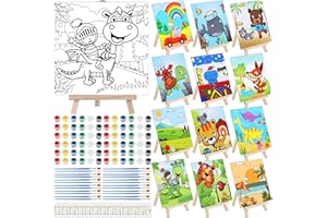 Tenceur 12 Sets Pre Drawn Canvas to Paint Kid Adult Stretched Coloring Painting Canvas Panels with Design Easel and Brushes for Party Supplies Beginner Favor(Cute Style)