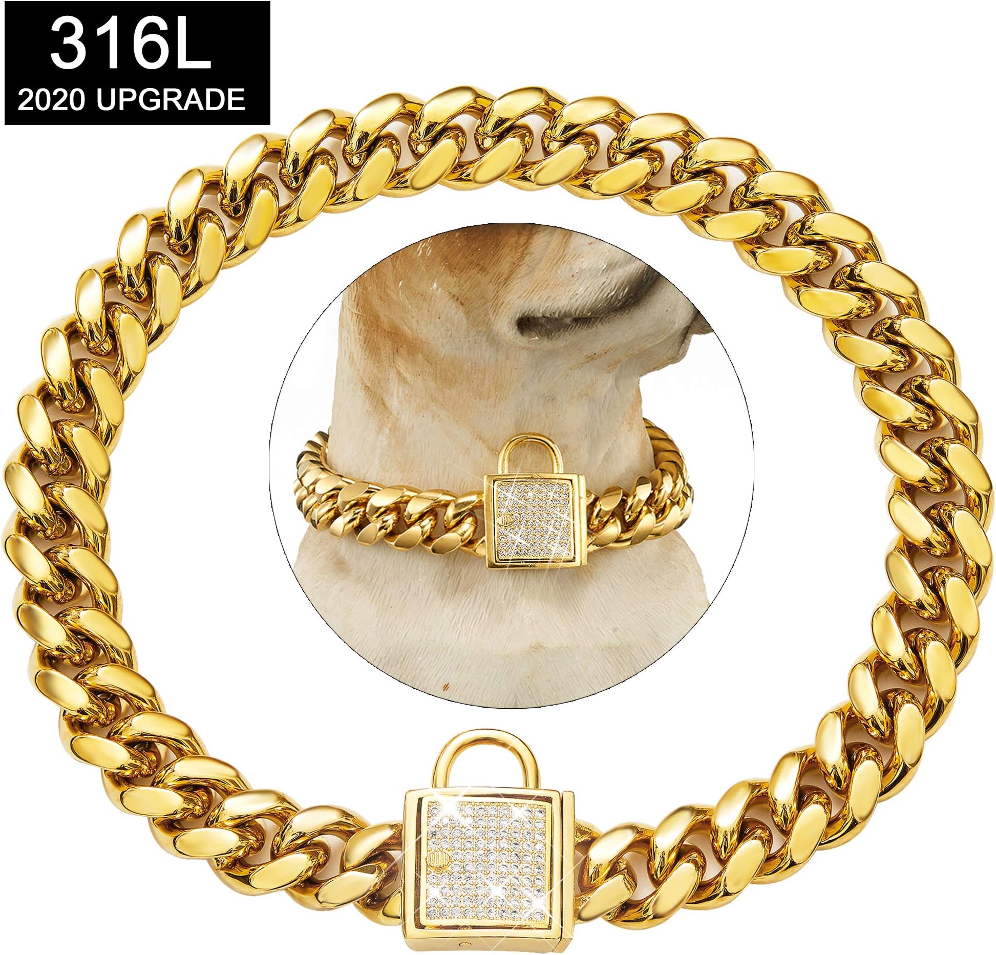 Tobetrendy Cuban Link Dog Collar Designer Gold Chain Collar with Zirconia Locking 14mm Metal Puppy Collar Luxury Dog Bling Necklace(12 to 26in)