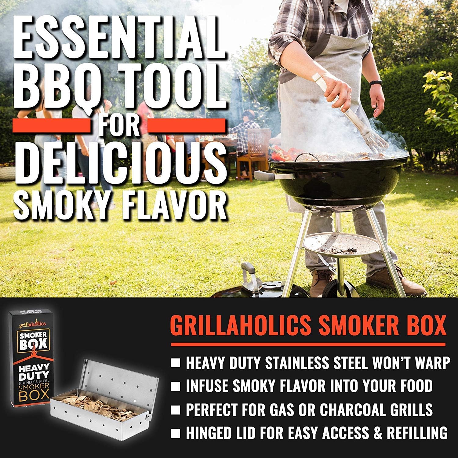 Grillaholics Smoker Box, Top Meat Smokers Box in Barbecue Grilling Accessories, Add Smokey BBQ Flavor on Gas Grill or Charcoal Grills with This Stainless Steel Wood Chip Smoker Box: Garden & Outdoor