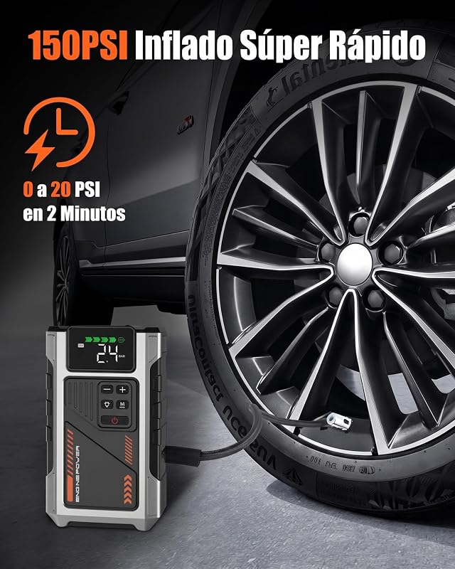 Motor de arranque da bateria do carro com compressor de 150 PSI, motor de arranque de 6000A (para gasolina 9.0L ou diesel 7.5L), amplificador de bateria de 12V com ecrã LCD, lanterna LED
