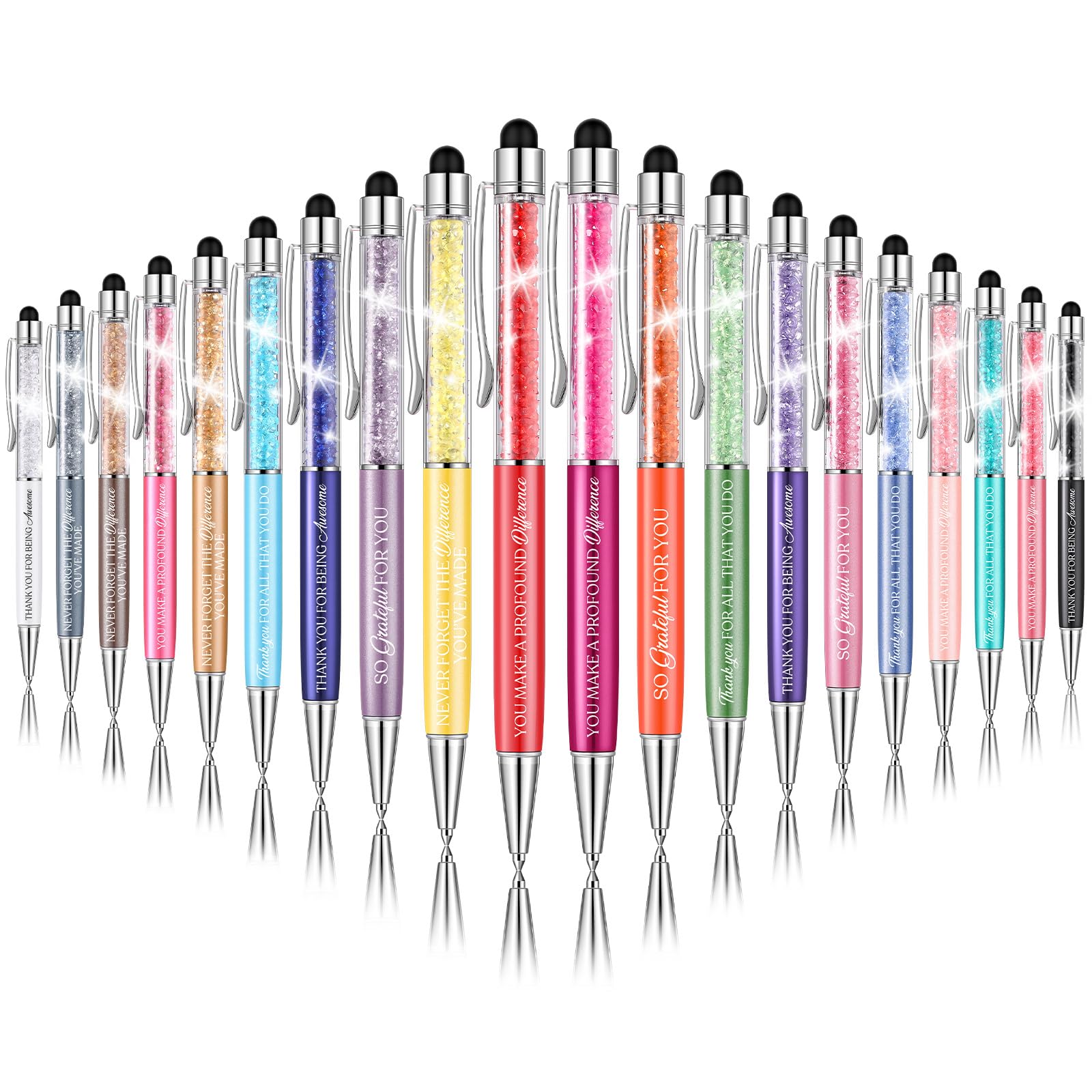 Sinmoe 20 Pcs Thank You Crystal Stylus Pen Inspirational Quotes Touch Screen Ballpoint Motivational Diamond Pen with Stylus Tip 1.0 mm Black Ink for Women Men Teacher School Office Gifts