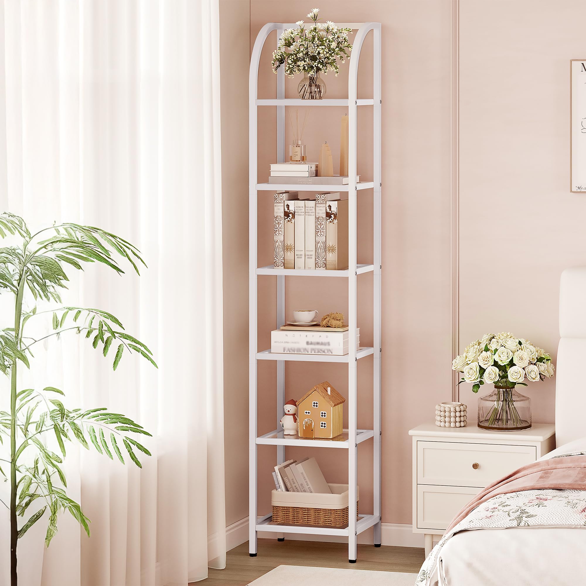 Photo 1 of *FRAME ONLY, INCOMPLETE** Hzuaneri Bookcase Bookshelf, Tempered Glass Arched Bookshelf for More Storage, Slim Shelving Unit for Bedroom, Bathroom, Home Office, Steel Frame, 6 Tier White BC20699W