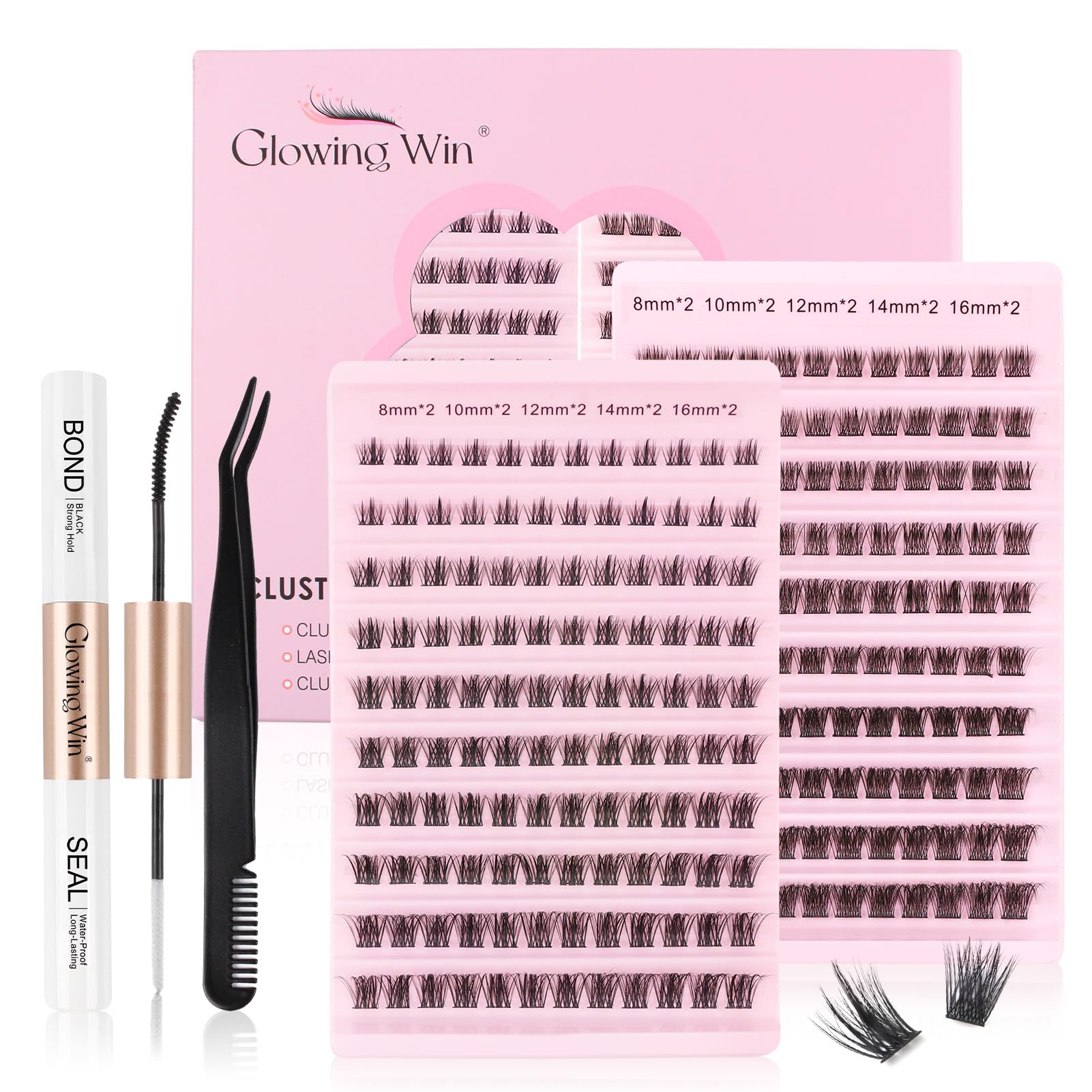 Glowing Win Lash Extension Kit - Cluster Lashes Set with Lash Bond&Seal and Applicator - Mix 2 Packs Individual Eyelashes - Natural Look Reusable Wispy Manga False Eyelashes - Mix8-16mm