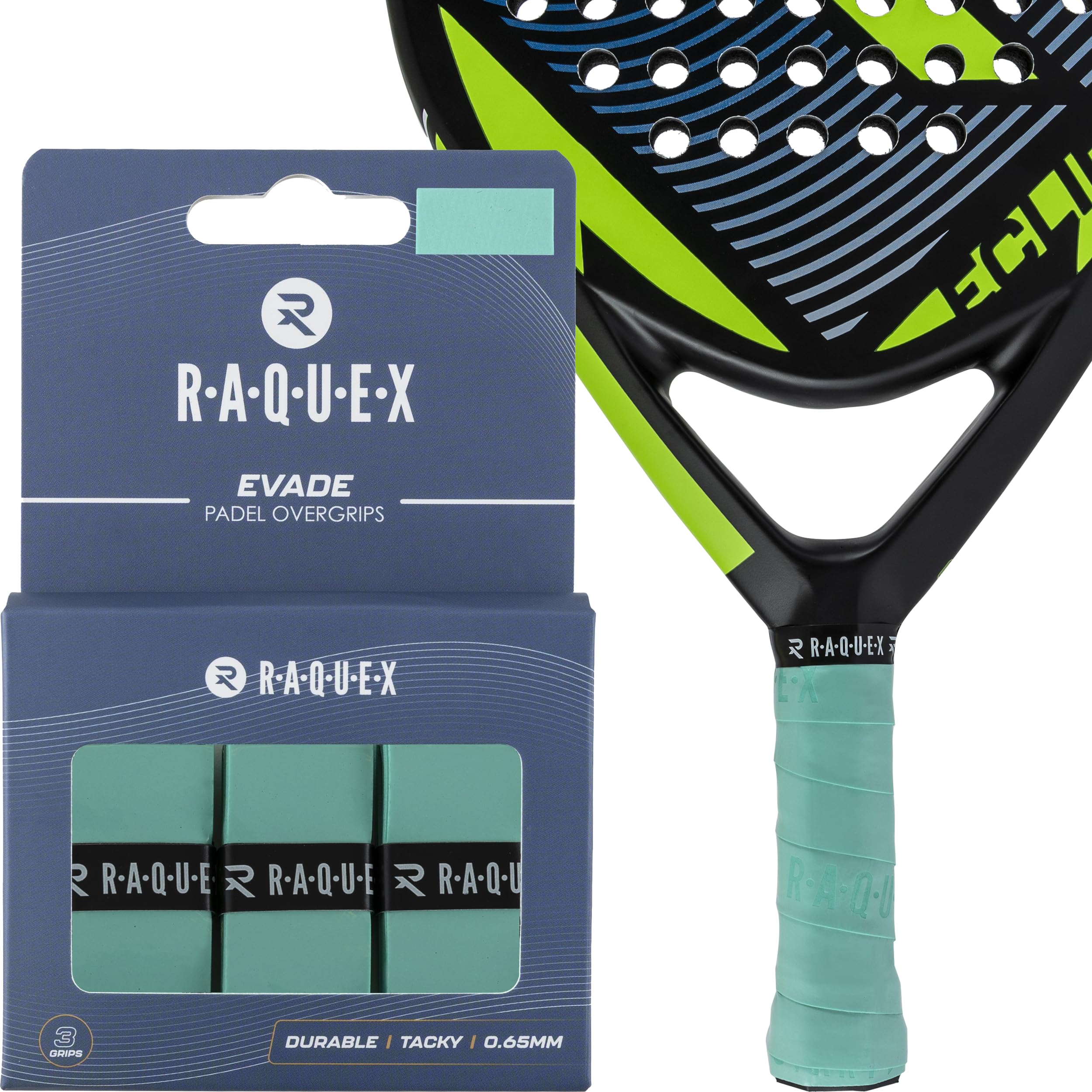 Raquex Evade Padel Racket Overgrip – 10 Colours - 3 Pack Padel Ball or Pickleball Racquet Tape, 0.65mm Thickness – Absorbent, Slightly Tacky Anti Slip Over Grip (Mint Green)