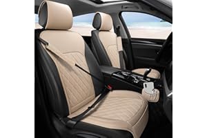 Sanwom Front Car Seat Covers - Leather Seat Covers with Storage Pocket and Two Belt Pads, Anti-Slip Waterproof Universal Seat Covers for Cars Fit Cars Trucks SUV(Beige,2 Pack)