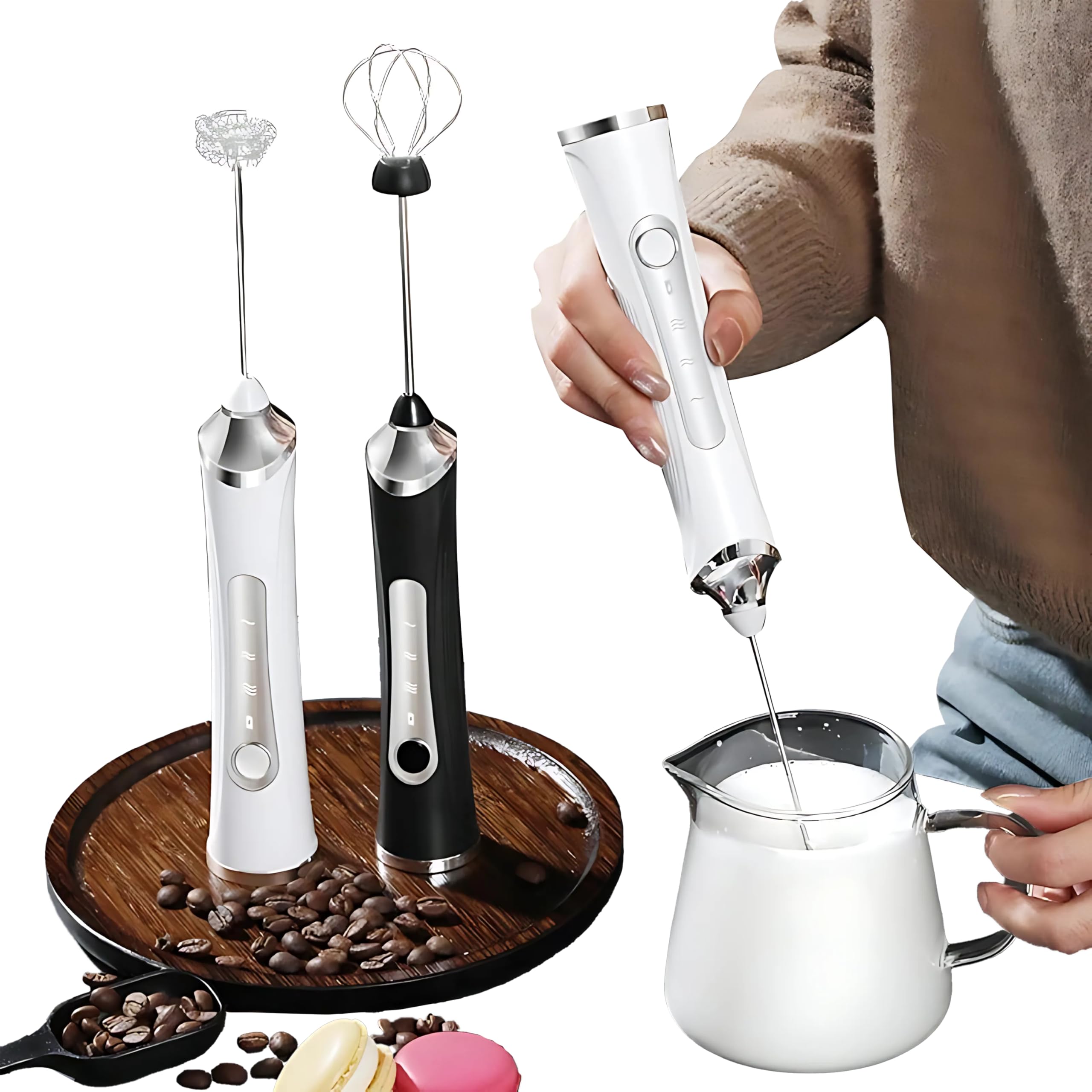 USB Small Kitchen Whisk Handheld Milk Frother | Rechargeable Electric Whisk, 3-Speed Stainless Steel | Frother for Coffee, Latte, Cappuccino, Protein Shakes, Hot Chocolate Stirrer, Egg Beater (White)