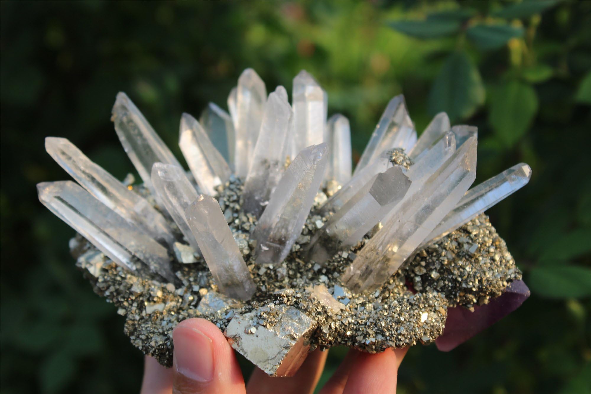 Crystal Cluster Decor, Clear Crystal Point, Pyrite Base and Purple Fluorite, Approx Weight 0.9-1.1LB