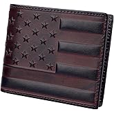 MUXILING Full Grain Leather Wallet for Men RFID-Blocking Bifold Wallet Extra Capacity with 2 ID Windows Slim Billfold with 8 Card Slots Gift for Men(US Flag, Brown)