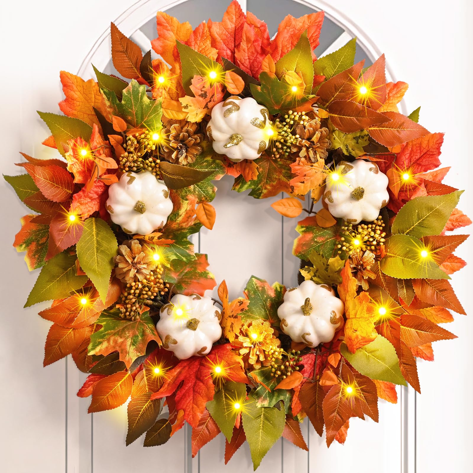 Fall Wreaths for Front Door, 20 Inch Fall Door Wreath with Lights ...