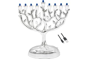 The Dreidel Company Metallic Silver Small Electric Menorah, Tree of Life Design Hanukkah Menorah, 6" Inch LED, Travel, Light It Anywhere! Batteries or USB Powered, Micro USB 4 Inch Cable Included