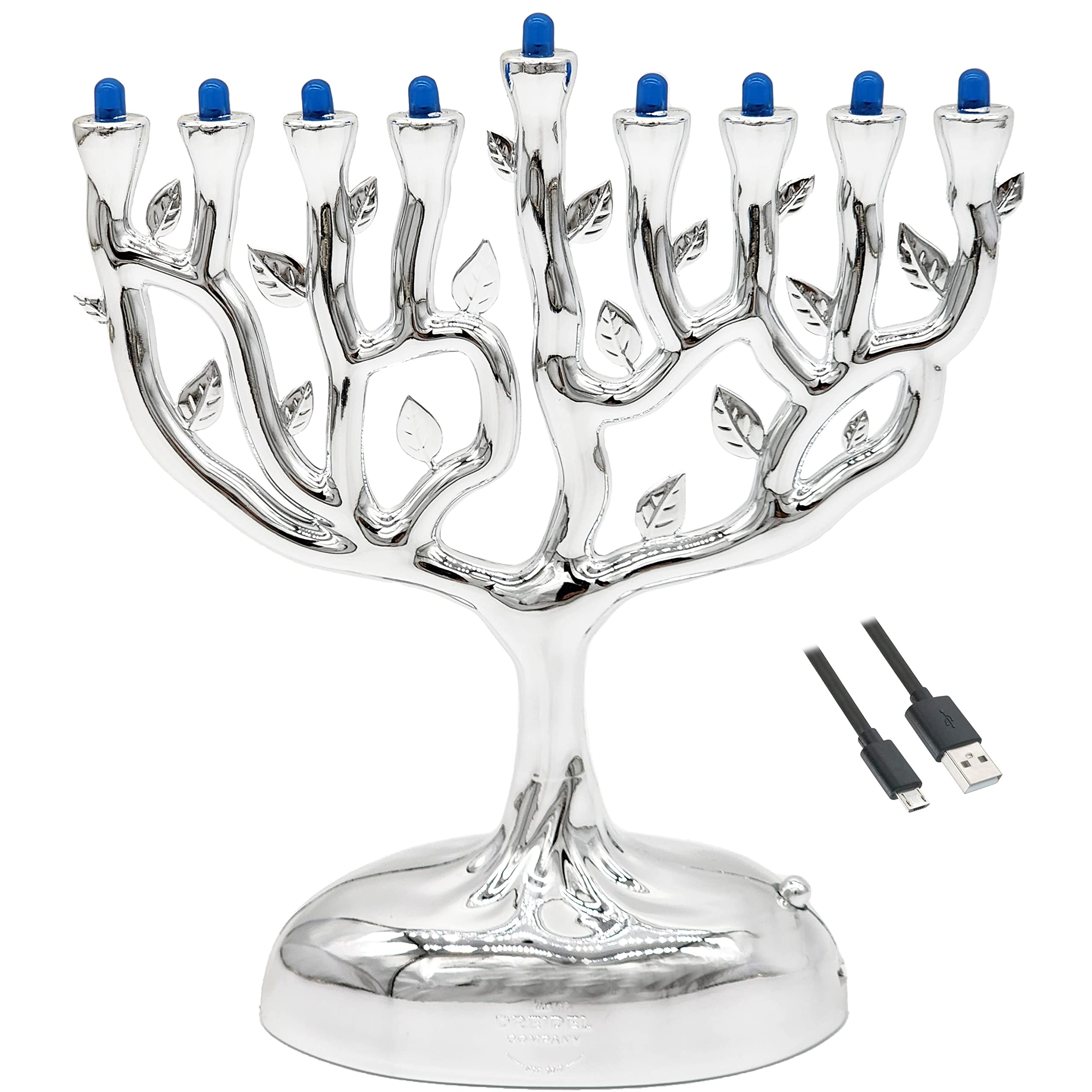 The Dreidel Company Mini Electric Menorah, Tree of Life Design Hanukkah Menorah, LED Travel Menora, Batteries or USB Powered, Micro USB 4