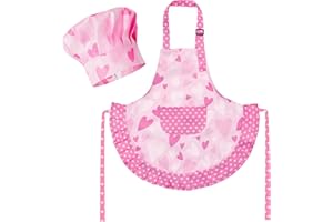 R HORSE Kid Apron and Chef Hat Set - 2Pcs Pink Heart Toddler Cooking Apron Set for Girls, Adjustable Role Play Costume Pretend Play Toy for Cooking Baking Painting Birthday Gift for Kids Ages 3-6