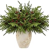 joyhalo 24 Pcs Norfolk Pine Stems, 17" Artificial Christmas Pine Branches Faux Greenery Stem Real Touch Cedar Stems with Cone and Red Berry for Vases, Christmas Trees and Outdoor Home Decor