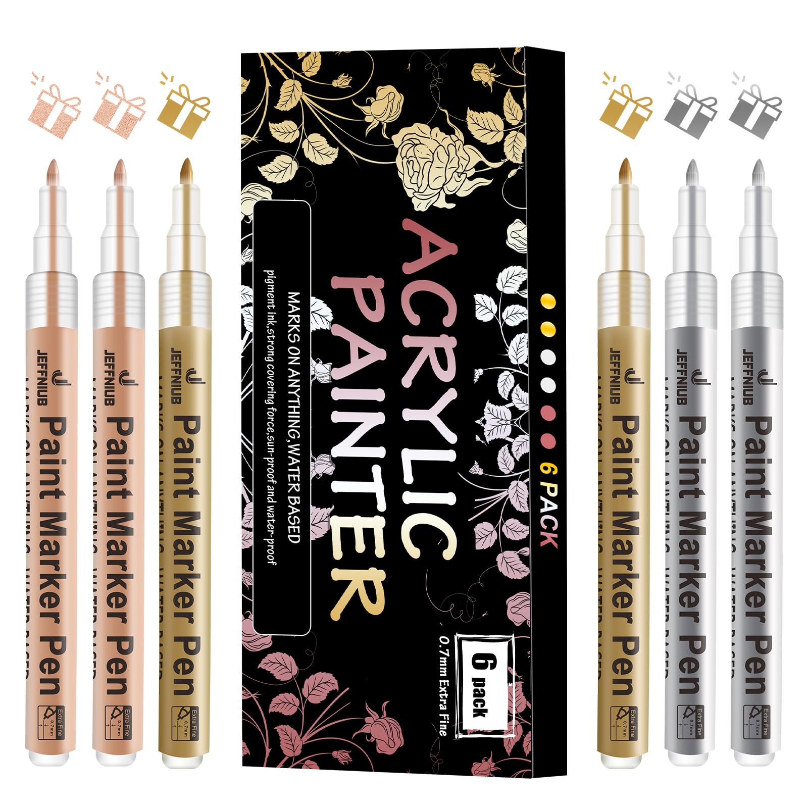JEFFNIUB Acrylic Paint Pens - Gold, Silver, Rose Gold Metallic Marker Pens, Set of 6 Extra Fine 0.7mm Tip Acrylic Markers for Rock Painting, Fabric, Wood, Metal, Ceramic, Canvas