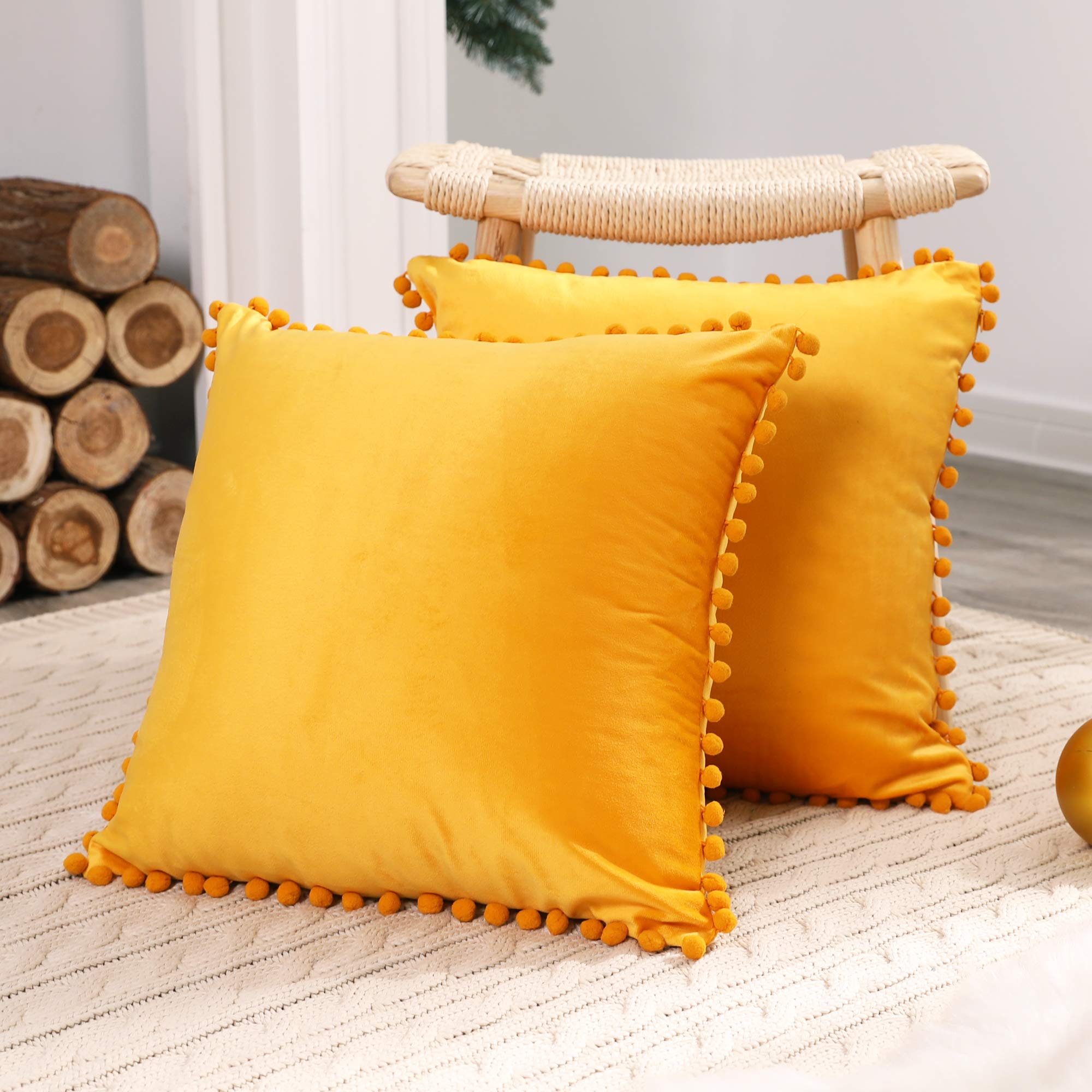 Deconovo 2 Pack Decorative Pom Pom Crushed Velvet Cushion Covers 18x18 Inches Throw Pillowcases for Sofa Chairs Bed Kids with Invisible Zipper 45 x 45 cm Gold