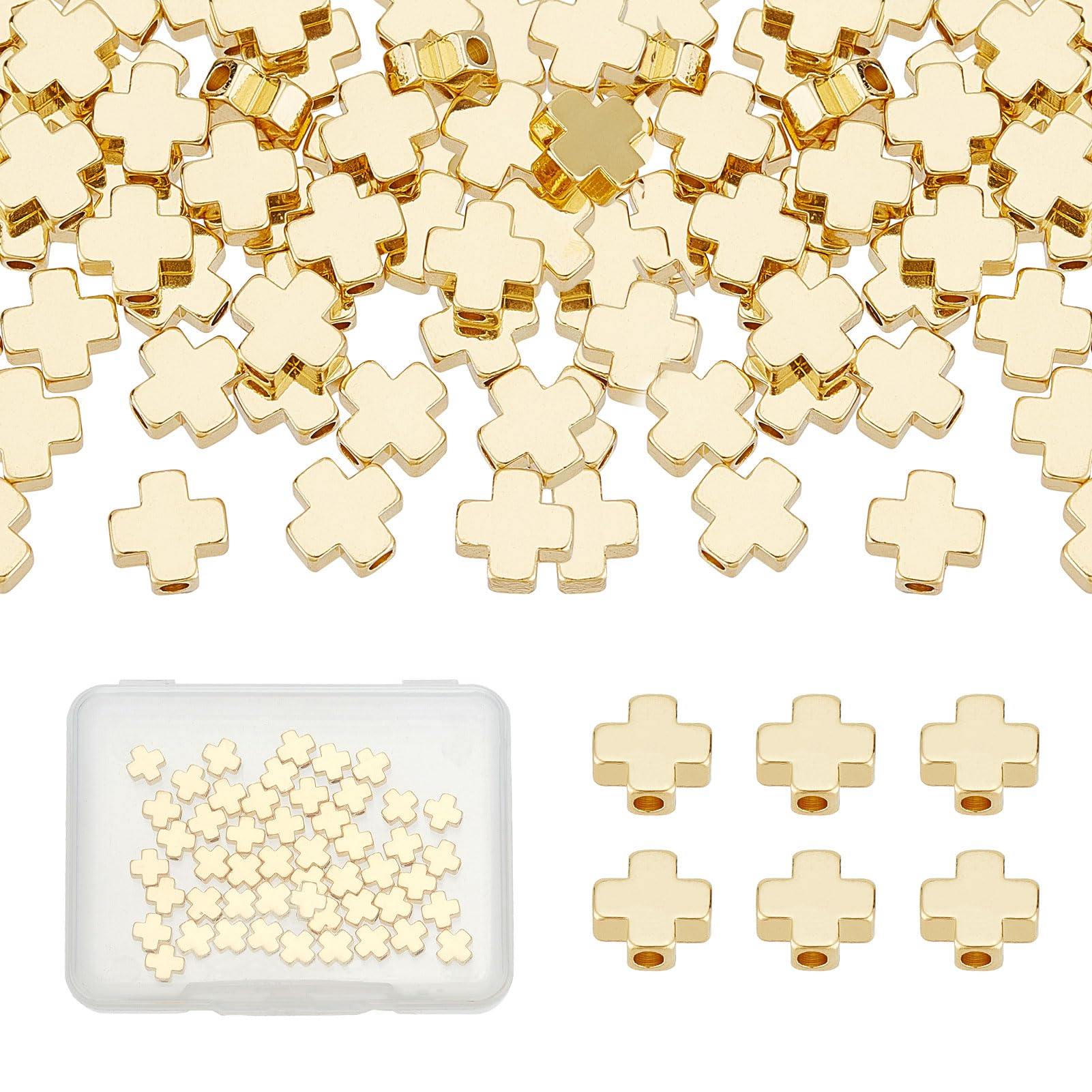 NICENEEDED 50 Pcs Cross Spacer Beads, 18K Gold Plated Crucifix Beads, Small Antique Cross Beads Charms Vintage Metal Pendant Beads for DIY Craft Jewelry Making Findings Handmade Bracelets Accessories