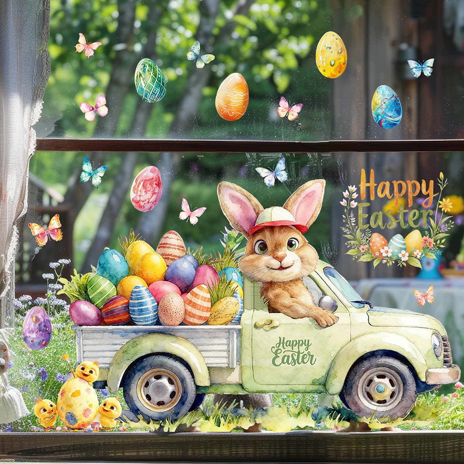 Photo 1 of 1 Sheet Happy Easter Window Clings Car Bunny Chick Easter Eggs Butterfly Window Stickers Spring Summer Windows Decorations Double Sided Visible Electrostatic Window Decals for Glass