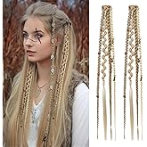REECHO Clip in Braid Hair Extensions for Women, 16" Boho Dreadlock Clip in Braids with Beads & Charms, 2PCS Synthetic Braided Hairpieces for Cosplay Daily, Medium Blonde with Light Blonde