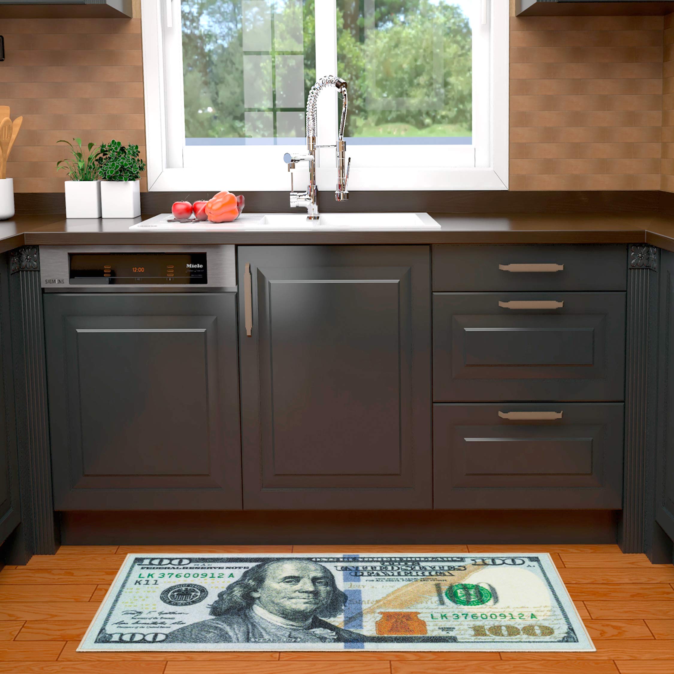 New Ottomanson Hundred Dollars ($100) Long Mat/Kitchen Mat Building Print New Benjamin Non-slip Rug Mat Runner, 22 x 53 cm.