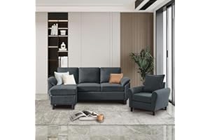 Pingliang Home 79" Convertible Sectional Sofa Set, Small L Shaped 3-Seat Couch with Reversible Chaise and Accent Chair, Modern Linen Sofas Couches for Living Room, Dark Grey