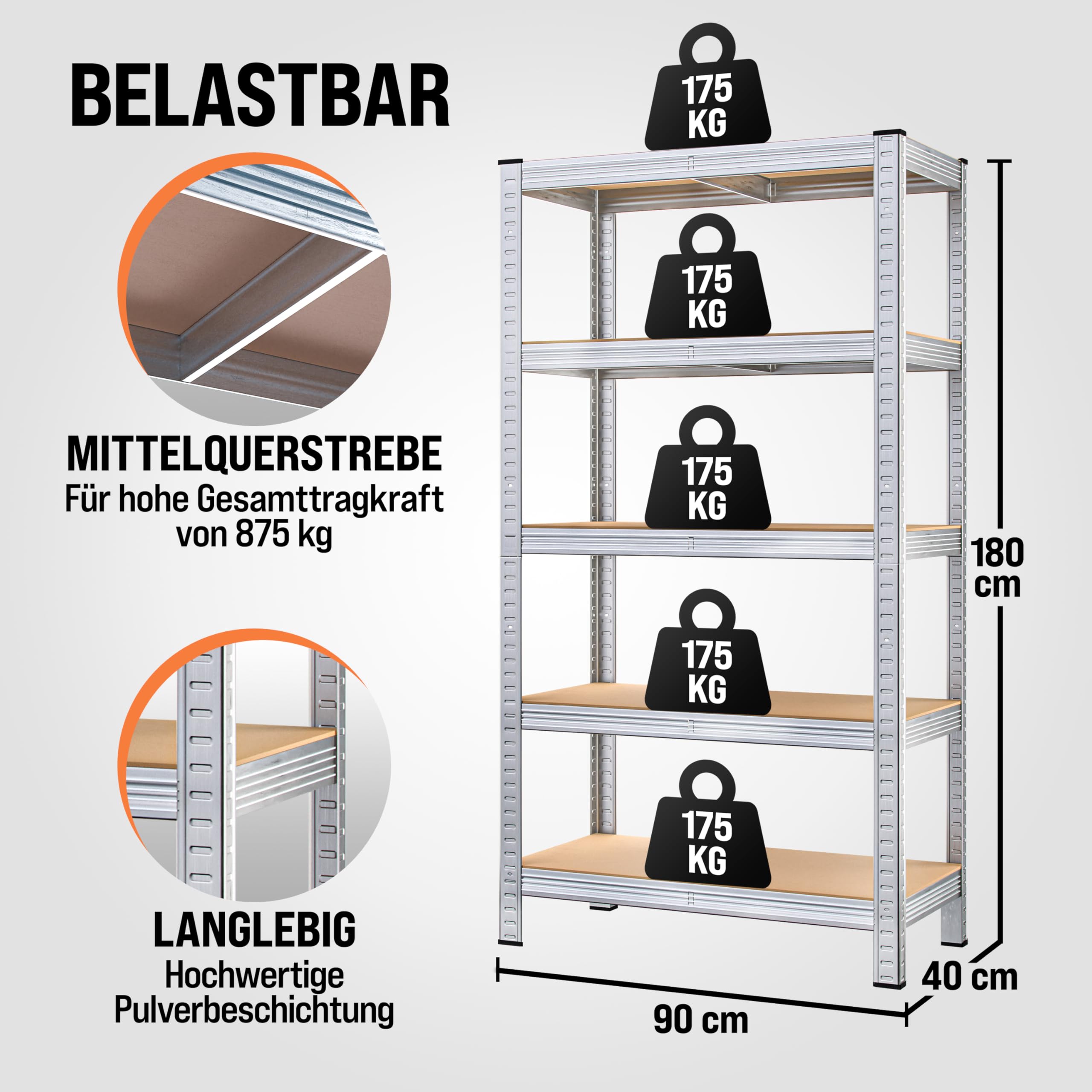 Monzana® 2X Schwerlastregal 180x90x40cm Befestigungsmaterial 1750kg 10 MDF-Platten Kellerregal Lagerregal Steckregal Metallregal Werkstattregal Silber 2