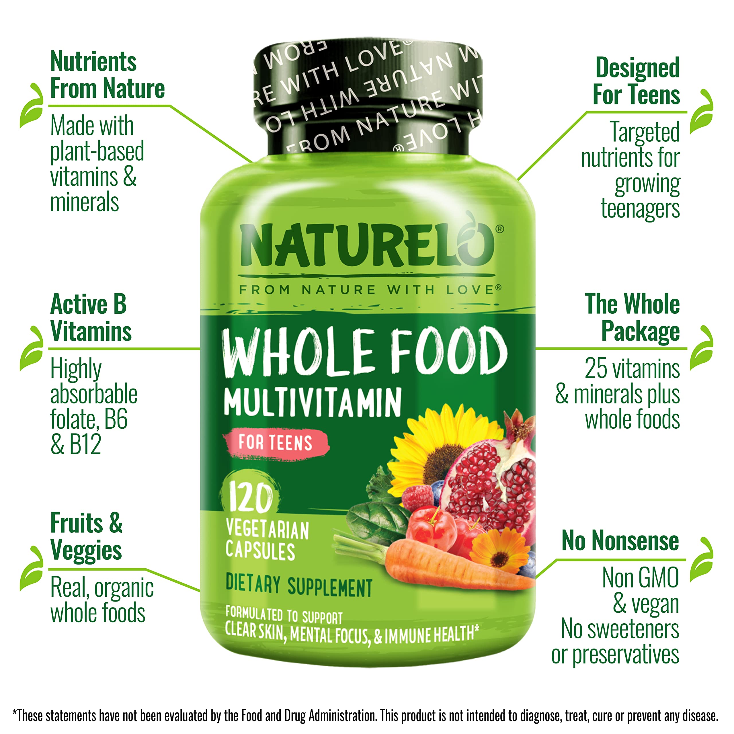 NATURELO Teen Multivitamin - Whole Food Multivitamin - with Minerals for Teenage Boys & Girls - Supplement for Active Kids - Non-GMO - Vegan & Vegetarian - 120 Capsules