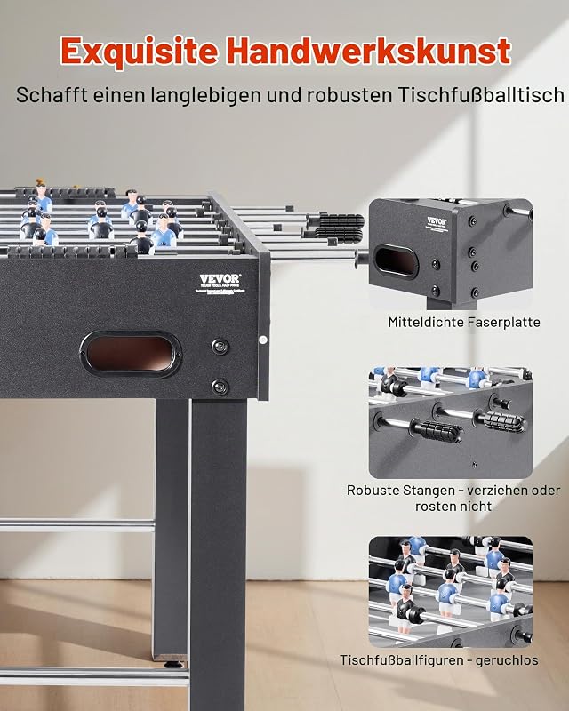 Tischfußballtisch in Standardgröße (1212 x 610 x 838 mm), Indoor-Kickertisch für Zuhause, Familie und Spielzimmer, langlebiges Set, inkl. 2 Bällen & Punktezähler & 2 Getränkehaltern