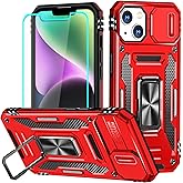 Aozuoton for iPhone 14 Plus Case with Screen Protector and with Camera Cover, 360°Military Grade Rotatable Kickstand (Heavy Duty) Shockproof Protective, Case for iPhone 14 Plus Red