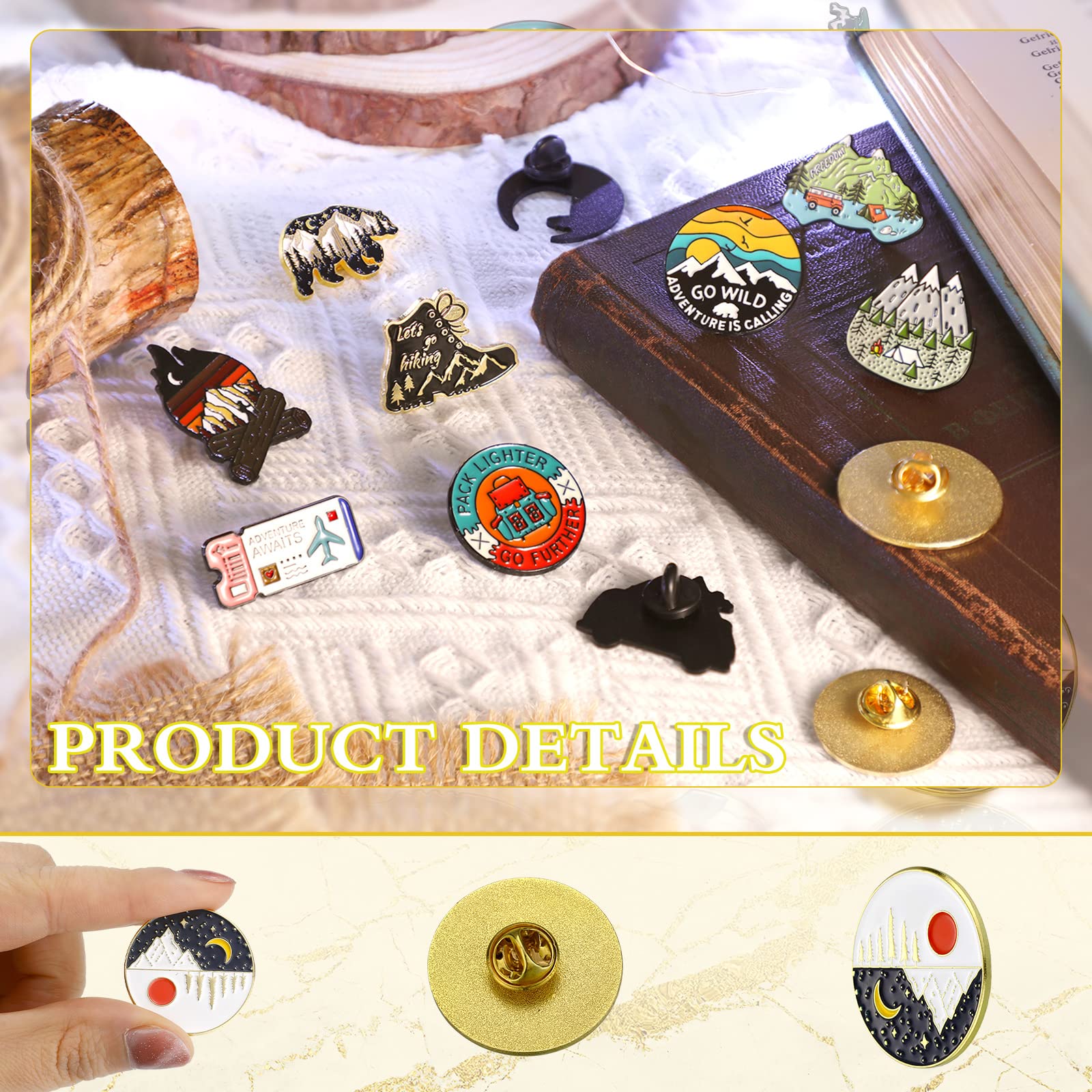 Hanaive 15 Pcs Enamel Pins for Backpack Hat Outdoors Adventure Brooch Pins Cute Camping Lapel Nature Aesthetic Jewelry for Women Men Clothing Bags DIY Crafts Gifts