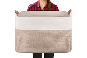 OIASKET Extra Large Laundry Basket, 95L Blanket Basket for Living Room, Cotton Rope Storage Basket, Toy Basket for Kids, Woven Baskets for Clothes, Towels, Pillows, 24" x 17" x 14", Brown and White