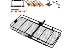 Mockins XXL 70"x30"x6" Folding Trailer Hitch Cargo Carrier | 500 Lbs. Cap Cargo Hitch Carrier Rack | Weatherproof Steel Luggage Rack for SUV, Car & Truck w/License Plate Holder, Stabilizer, & Straps