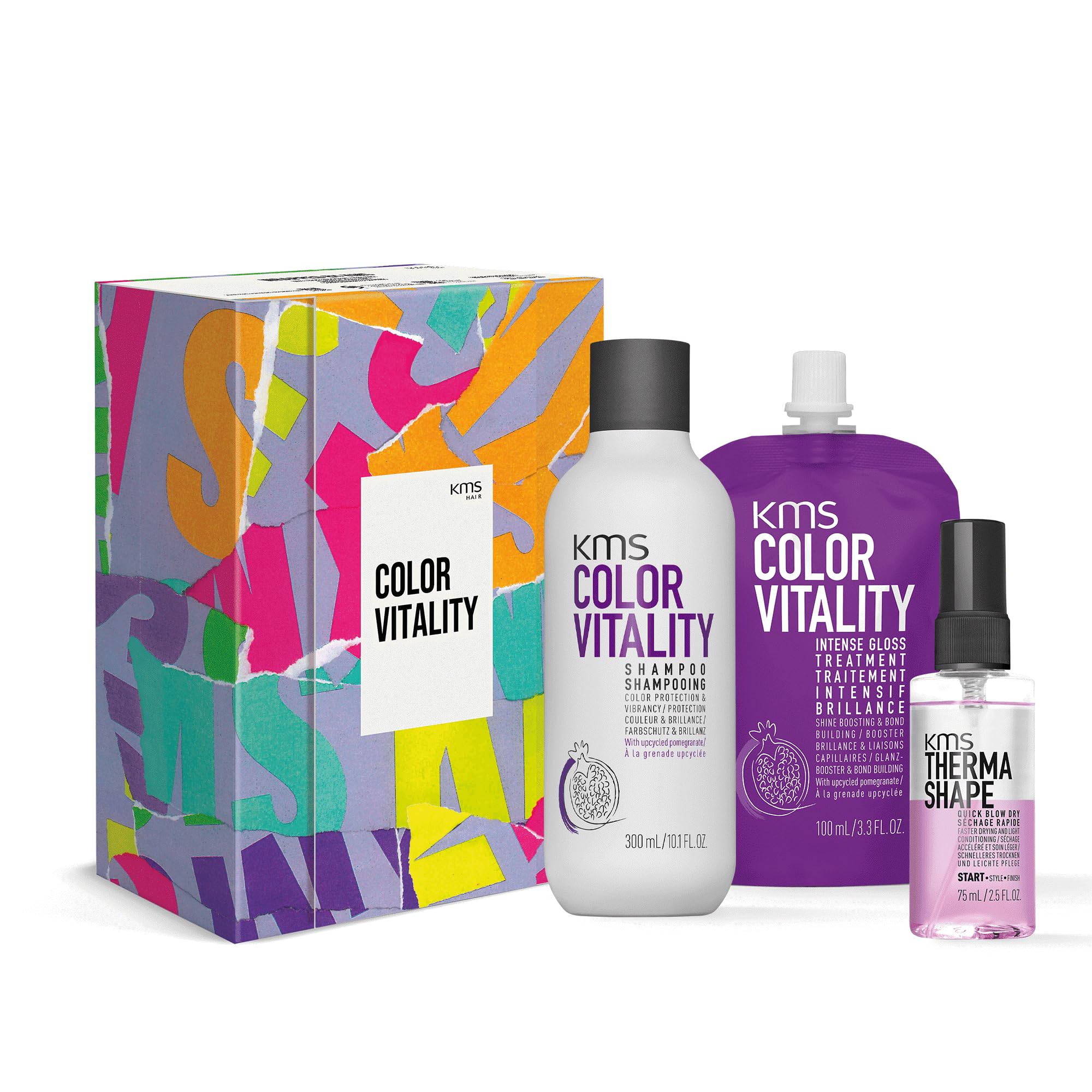 KMS Color Vitality Set with Shampoo 300ml, Intense Gloss Treatment 100ml and Quick Blow Dry 75ml for Coloured Hair