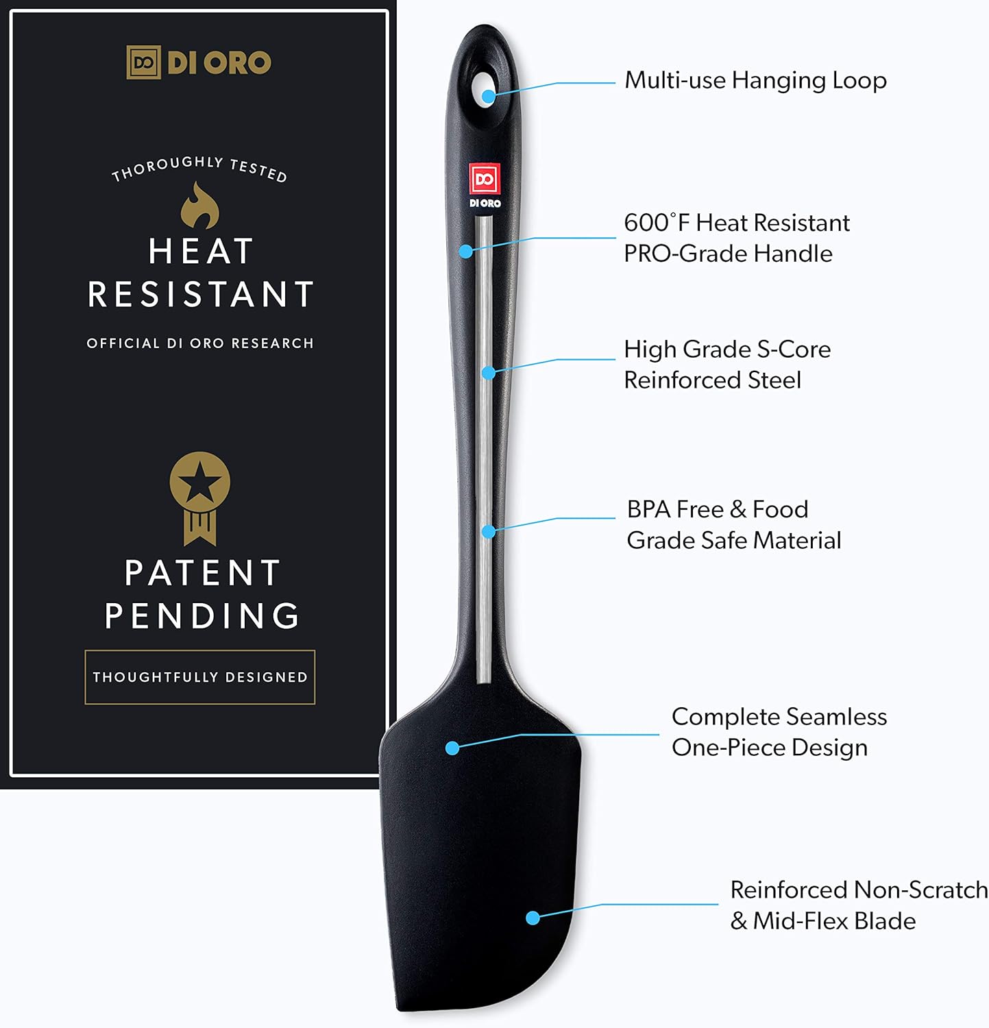 DI ORO Seamless Series 3-Piece Silicone Spatula Set - 600°F Heat Resistant Non Stick Rubber Kitchen Scraper Spatulas for Cooking, Baking, and Mixing – BPA Free and LFGB Certified Silicone (Black): Kitchen & Dining