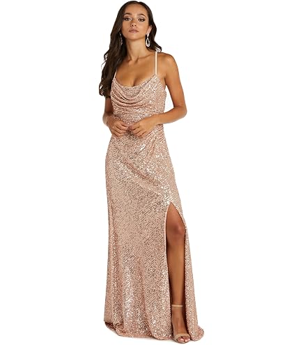NIGHTWAY Women's Elegant Off the Shoulder Foil Knit Column Gown W/Portrait Collar & Slit