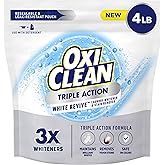OxiClean Triple Action White Revive Laundry Whitener Powder, 4 lbs | Use with Detergent, Whitens and Brightens Clothes, Removes Tough Stains, Color Safe, Chlorine Free