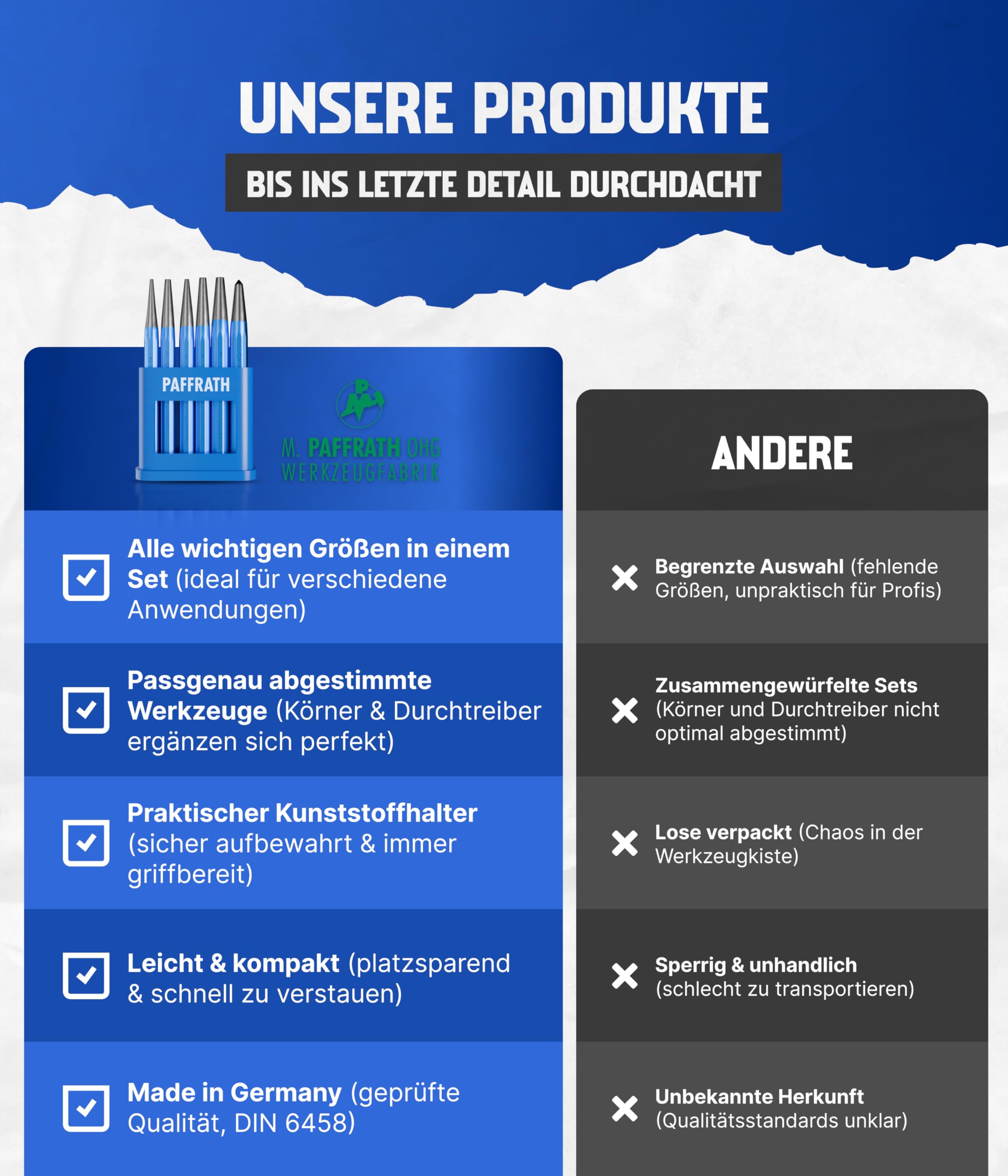 Paffrath® Durchtreiber- und Körnersatz 6-teilig – Präzise geschliffene Spitzen für exakte Markierungen – Hochwertiger Chrom-Vanadium-Stahl für maximale Haltbarkeit – Made in Germany 5