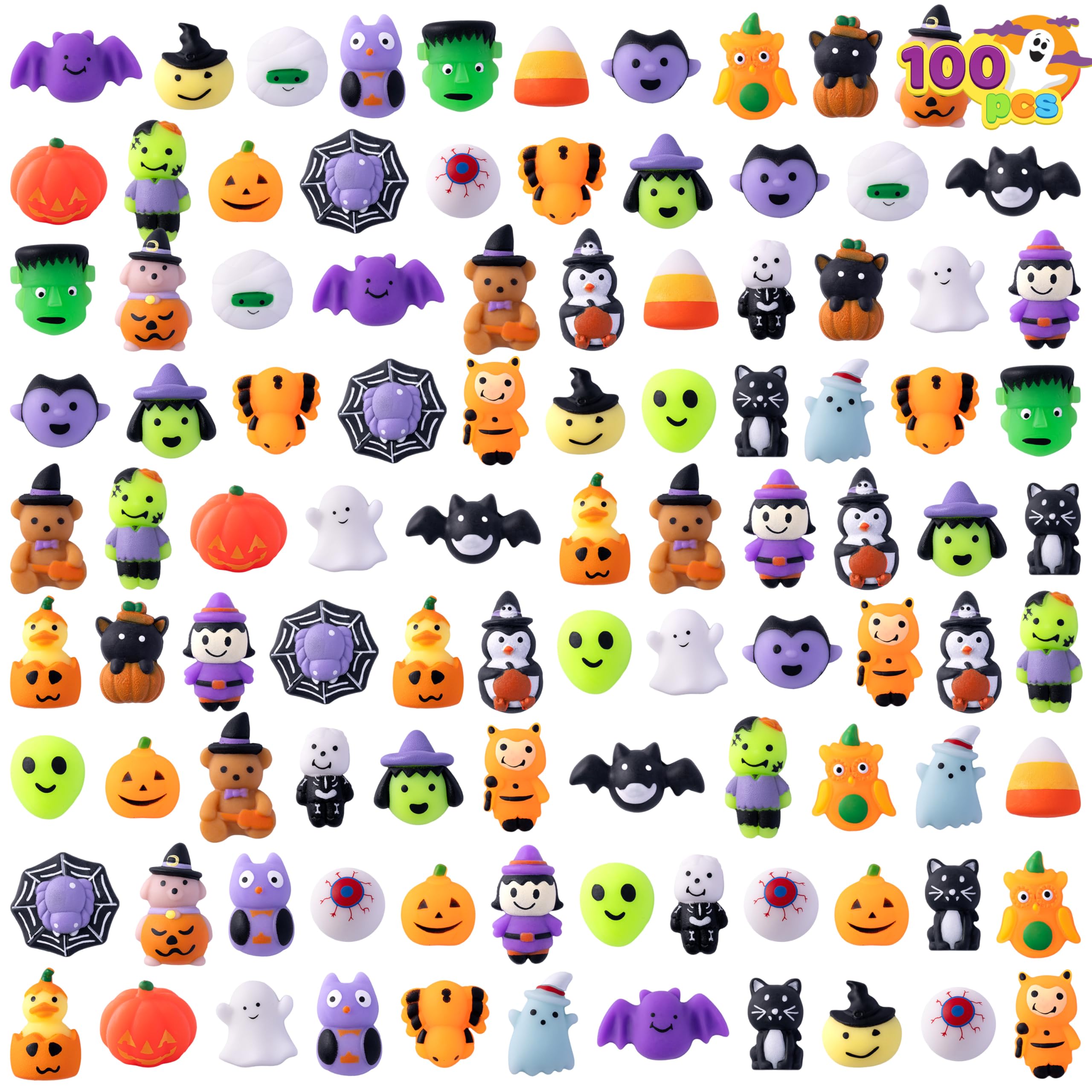 Photo 1 of (missing some pieces) JOYIN 100 Pcs Halloween Mochi Squishy Toys for Kids Gift, Halloween Kawaii Sensory Stress Relief Toys for Halloween Party Favors Decor