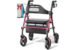 HOMLAND Foldable Rollator Walkers with Seat for Seniors, 8'' Big Wheels, 350 lb. Weight Capacity, Adjustable Handles and Seat