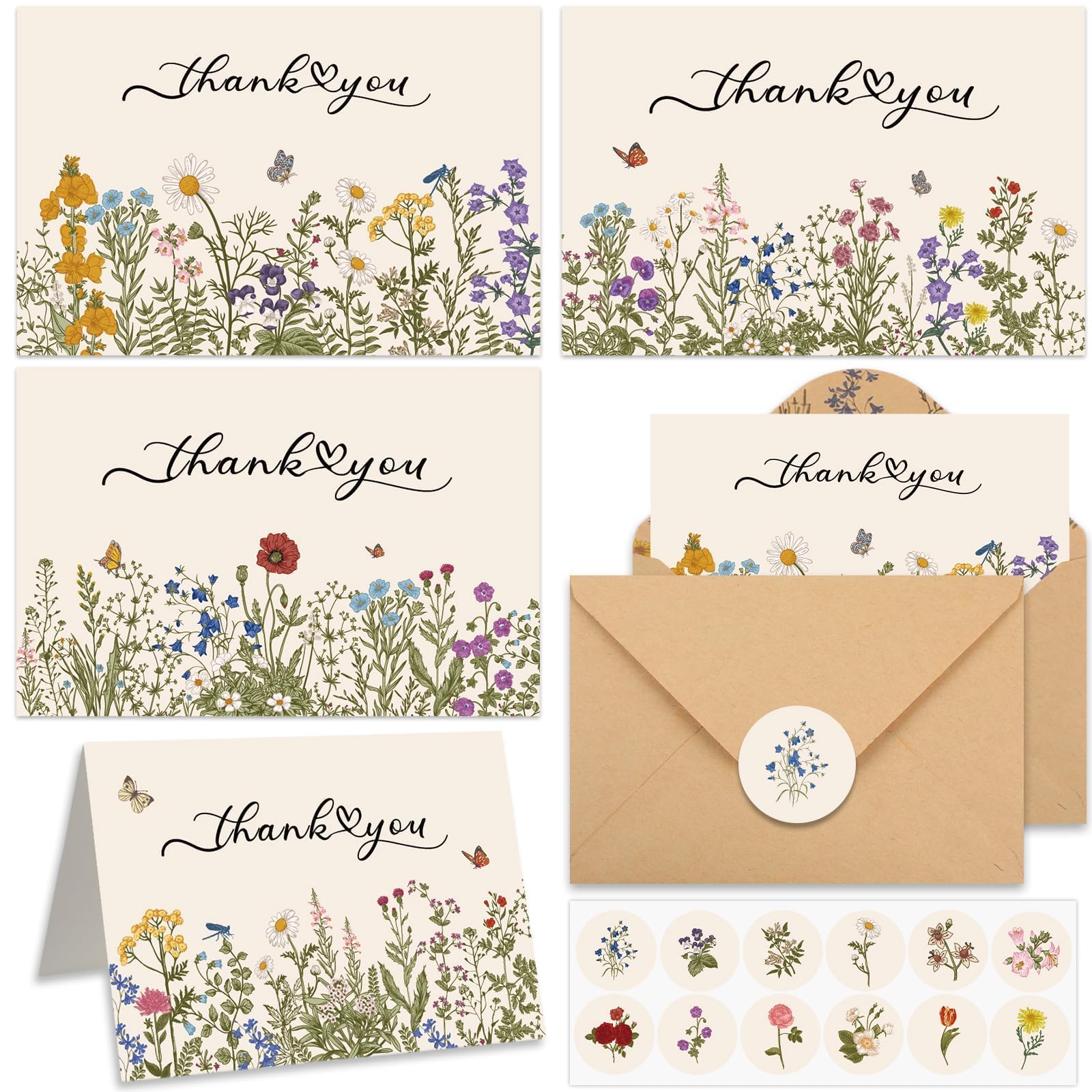 Photo 1 of 52 Pack Thank You Cards With Envelopes Wildflower Thank You Cards Bulk Assortment Greeting Gift Vintage Blank Note Card Set with Sticker for Baby Shower Wedding Summer Birthday Supplies 4x6inch