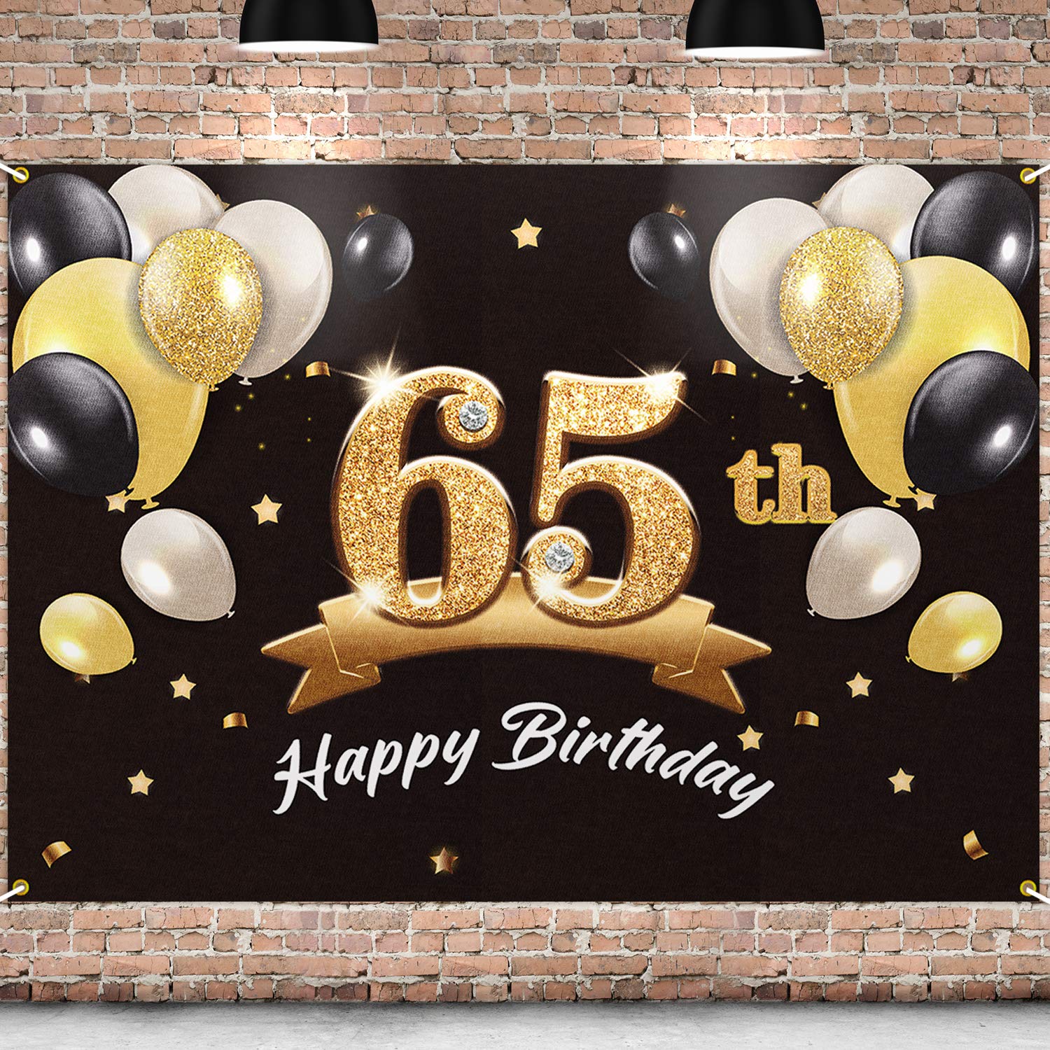 PAKBOOM Happy 65th Birthday Backdrop Black Gold Photo Background Banner 65 Birthday Decorations Party Supplies for Men