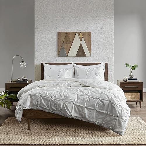 Ink+Ivy Masie Duvet Cover King/Cal King Size - White , Elastic Embroidery Tufted Ruffles Duvet Cover Set – 3 Piece – 100% Cotton Percale Light Weight Bed Comforter Covers