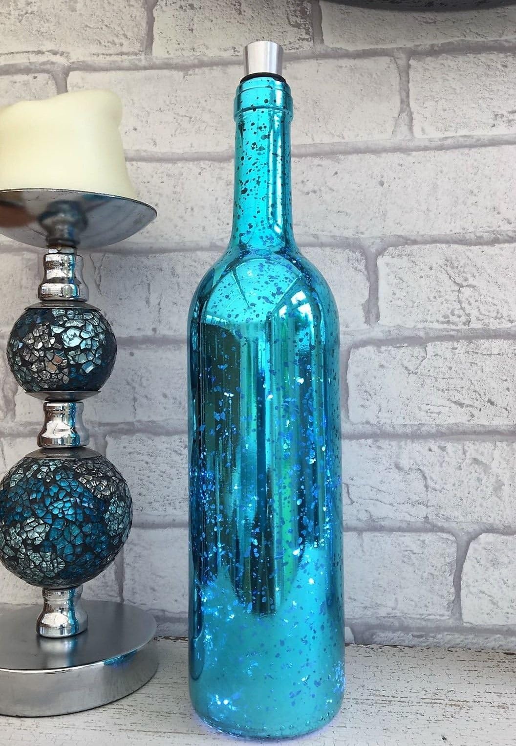 Homes on Trend Bottle Light Mercury Glass Wine Style Bottles with Built in Battery Operated LED White Fairy Lights Bedroom Party Decor Wedding Summer BBQ Picnic Garden Table Lighting Decoration - Blue