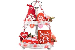ZATAYE 12 PCS Valentines Day Decor, Valentines Tiered Tray Decor (Tray Not Included), Romantic XOXO Love Hearts Gnomes Beads Garlands Truck Ornaments for Tabletop, Valentines Signs for Fireplace Table Shelf