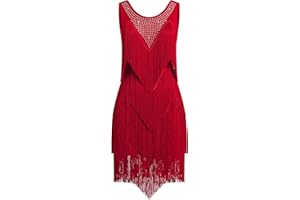 IWEMEK Rhinestones Layered Fringe Dress Ballroom Latin Dance Dress for Women Tiered Tassel Flapper Dresses Dancing Costume