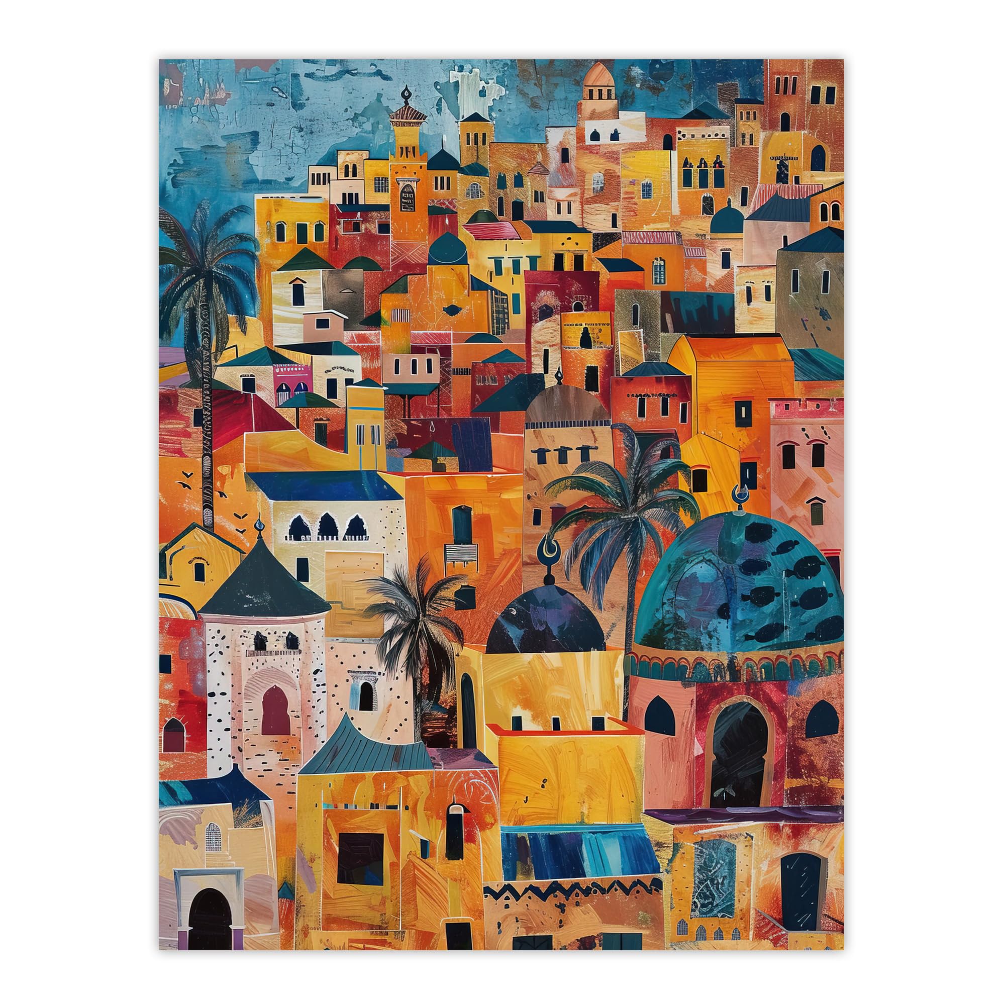 Artery8 Moroccan Cityscape Artwork Colourful Exotic Ochre Living Room Extra Large XL Wall Art Poster Print