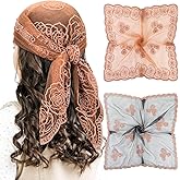 JATEBI 2 Pcs 31'' Square Flower Lace Head Scarf for Women Bandana Headscarf with Sheer Lightweight Black Brown